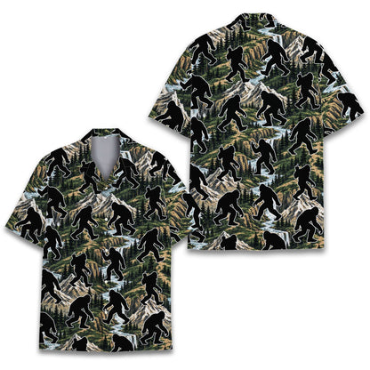Front view of the green sasquatch hawaiian shirt with middle finger silhouette