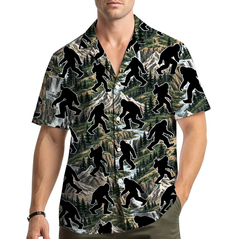 Lifestyle view of someone wearing the green sasquatch hawaiian shirt outdoors