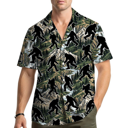 Lifestyle view of someone wearing the green sasquatch hawaiian shirt outdoors