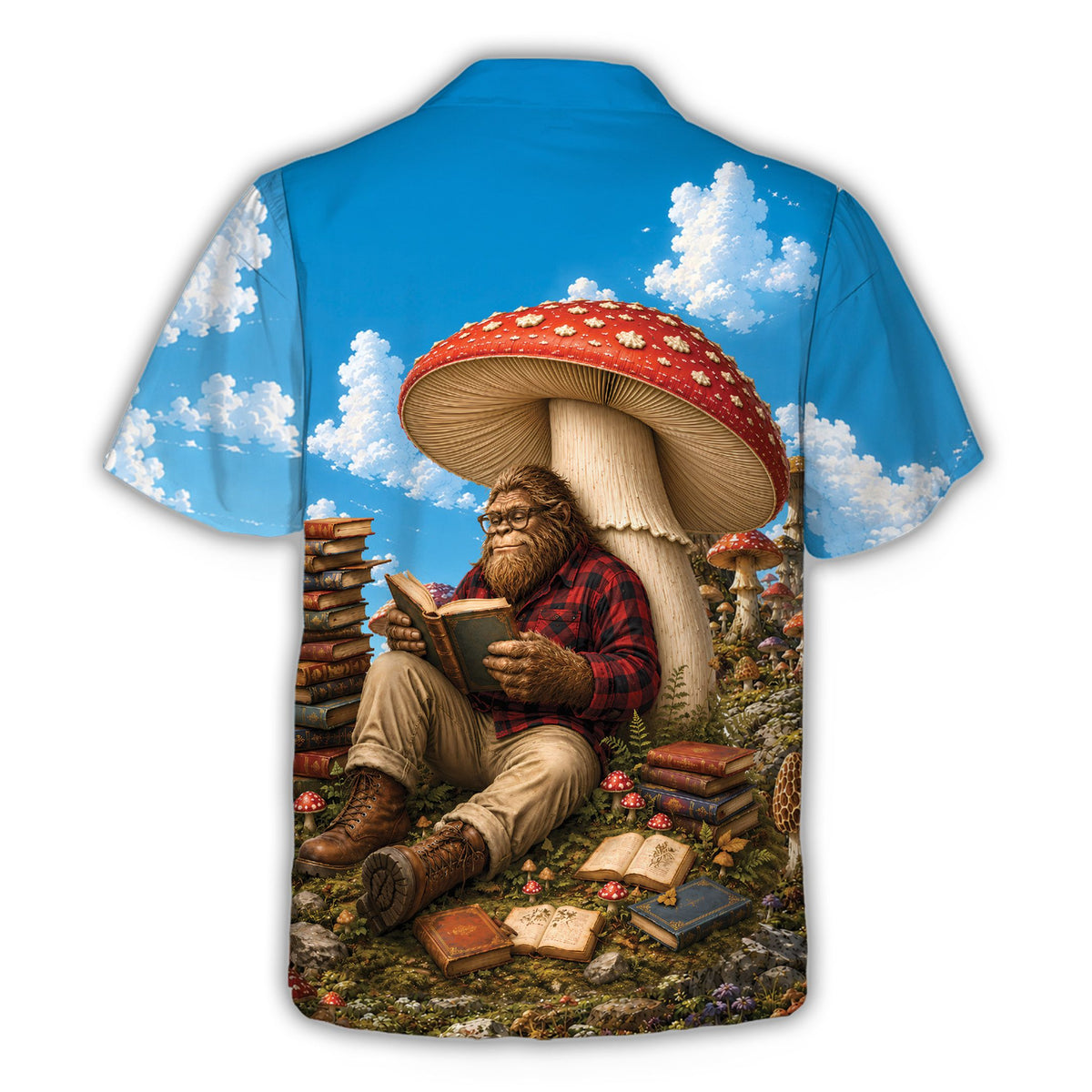 Back view of the blue sasquatch reading books hawaiian shirt