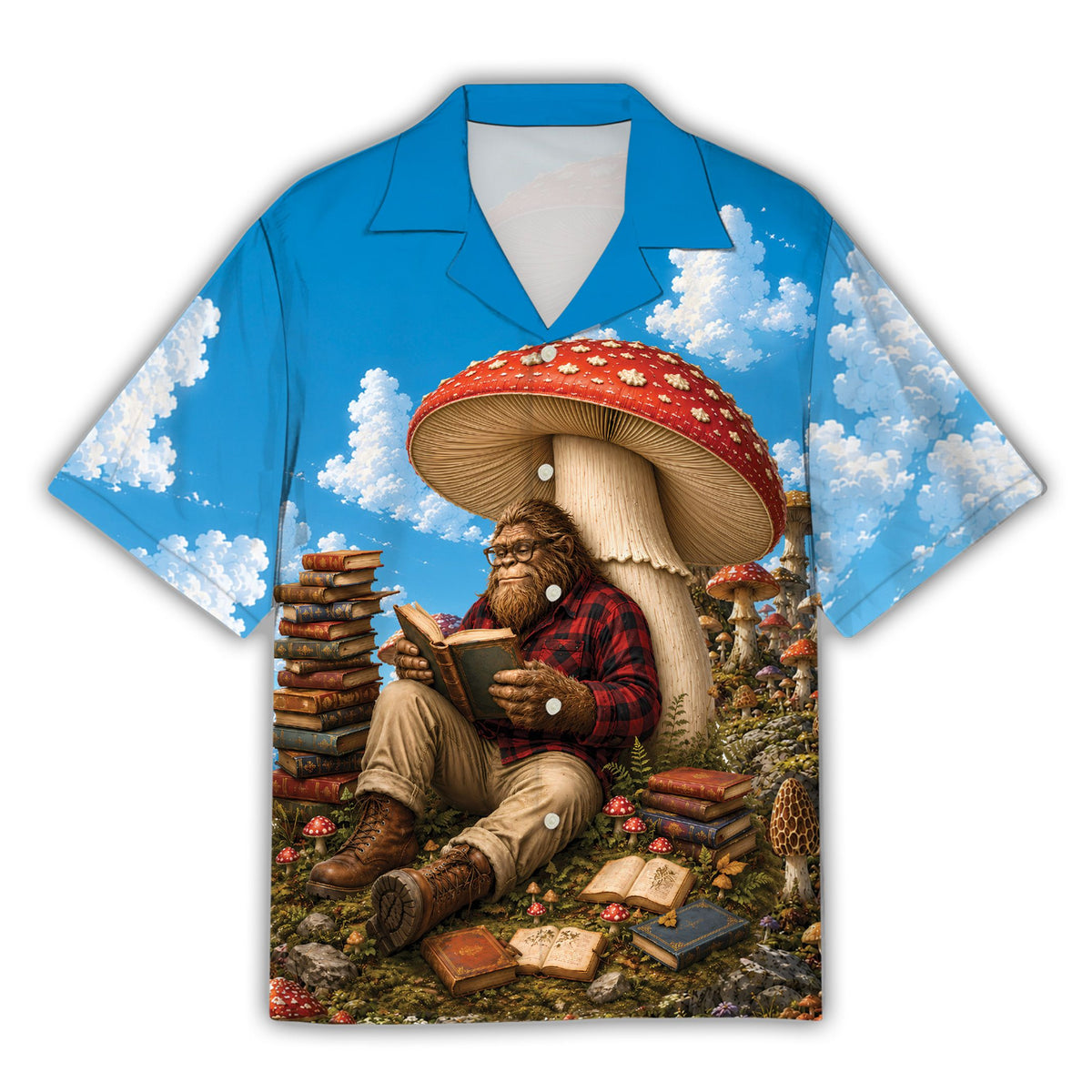 Front view of the blue sasquatch reading books hawaiian shirt with mushroom and books design