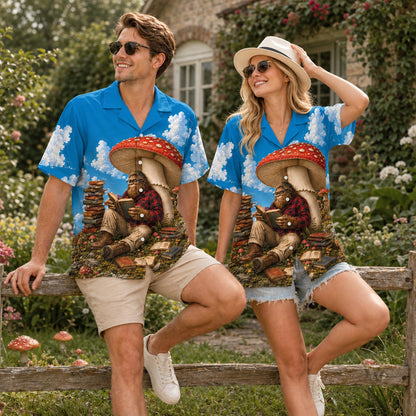 Close up lifestyle view of the sasquatch reading hawaiian shirt