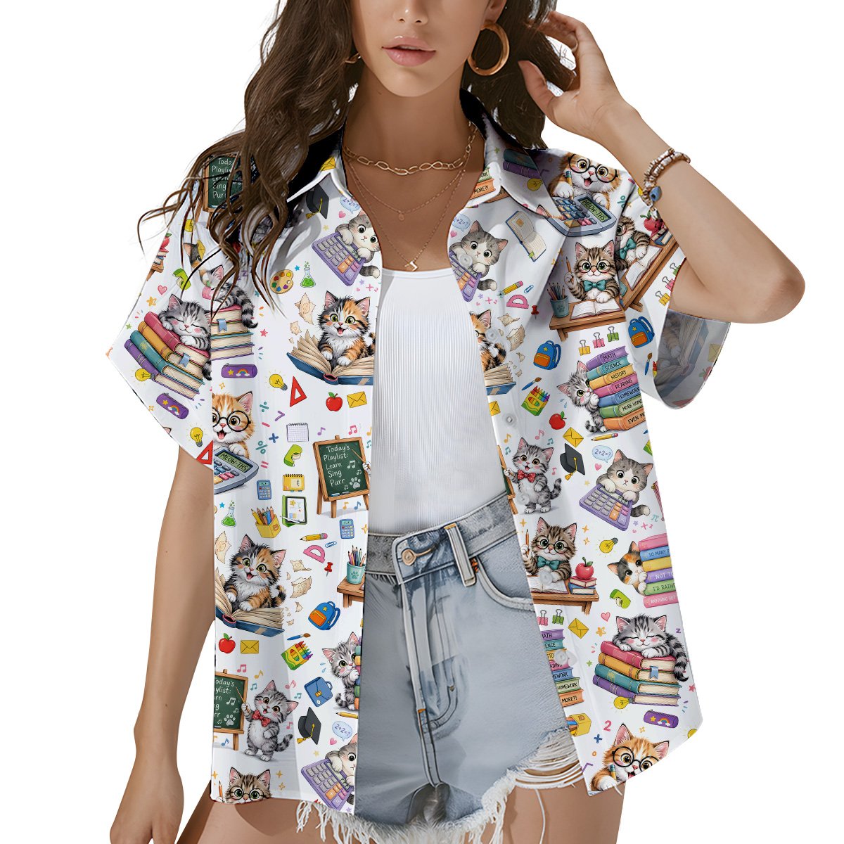 Matching family hawaiian shirts with kitten design, front view 5