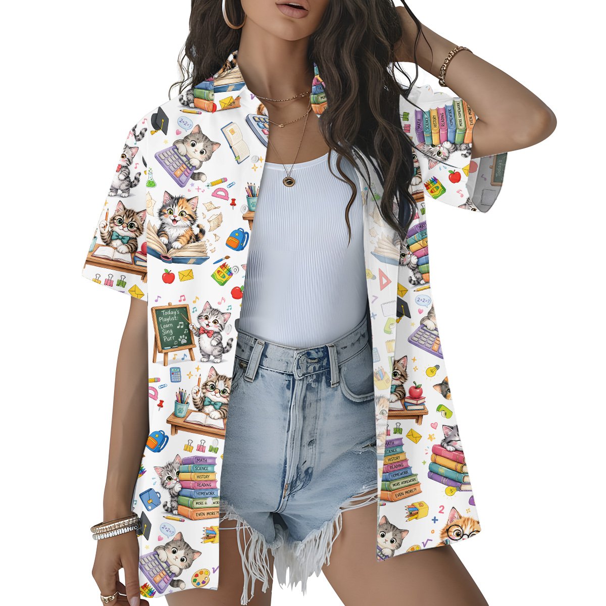 White school hawaiian shirt on model, front view