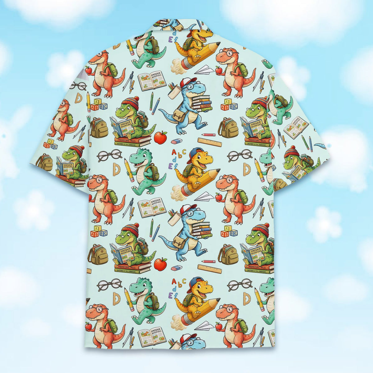 Alternative back view of the dinosaur school-themed hawaiian shirt