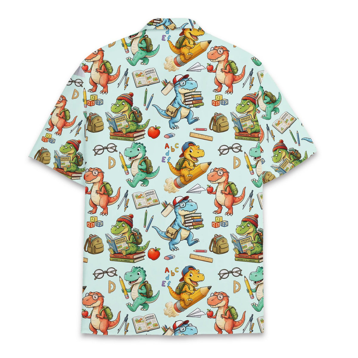 Back view of the back to school dinosaurs hawaiian shirt