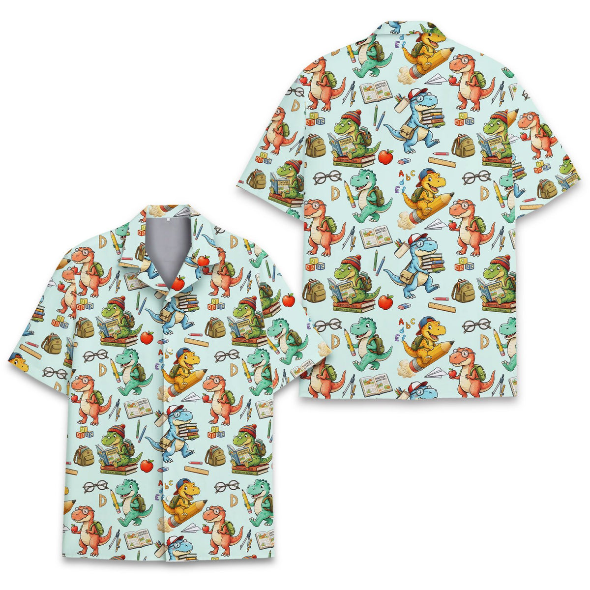 Alternative front view of the dinosaur school-themed hawaiian shirt