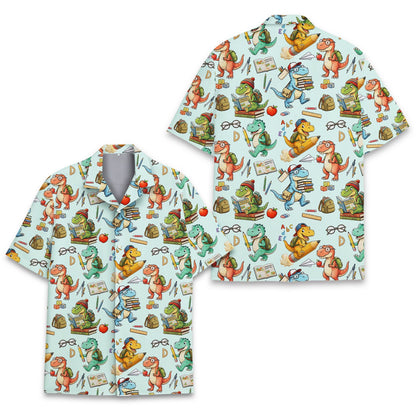 Alternative front view of the dinosaur school-themed hawaiian shirt