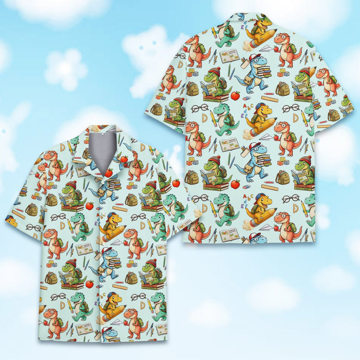 Close-up front view of the back to school dinosaurs family matching shirt