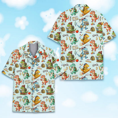 Close-up front view of the back to school dinosaurs family matching shirt