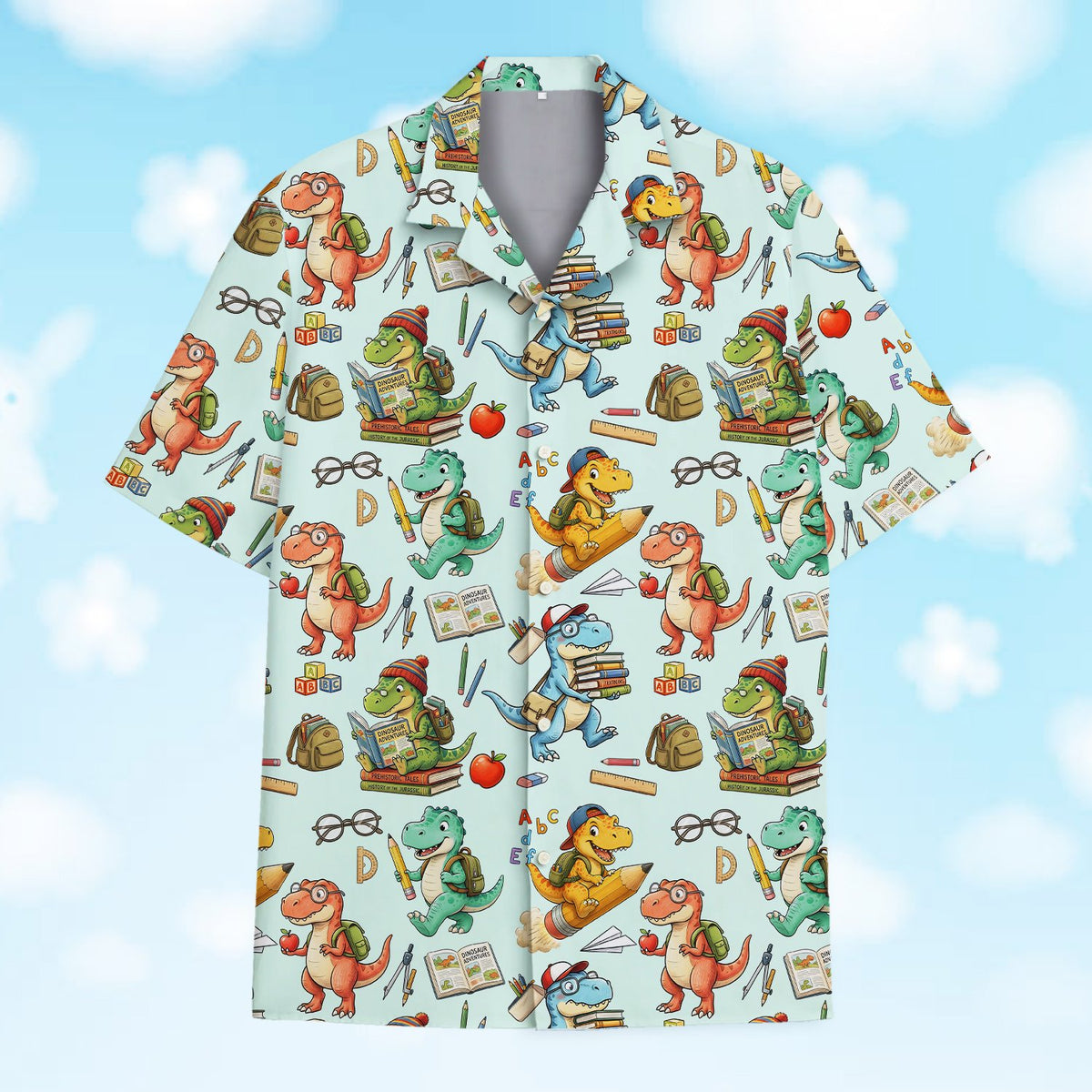 Front view of the back to school dinosaurs hawaiian shirt