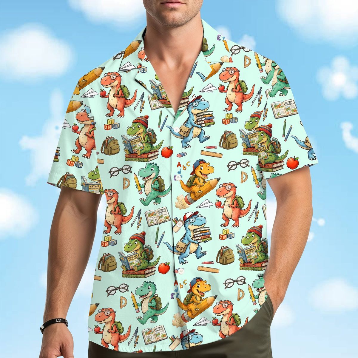 Lifestyle view showing the back to school dinosaurs family hawaiian shirts