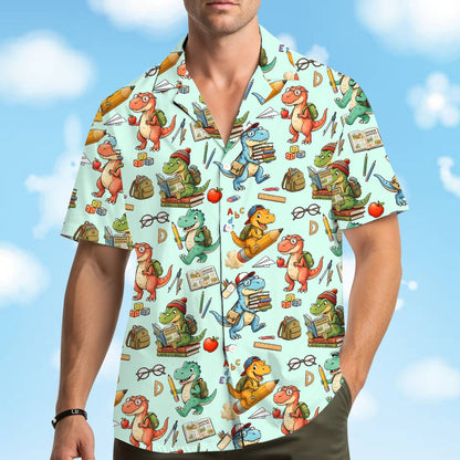 Lifestyle view showing the back to school dinosaurs family hawaiian shirts