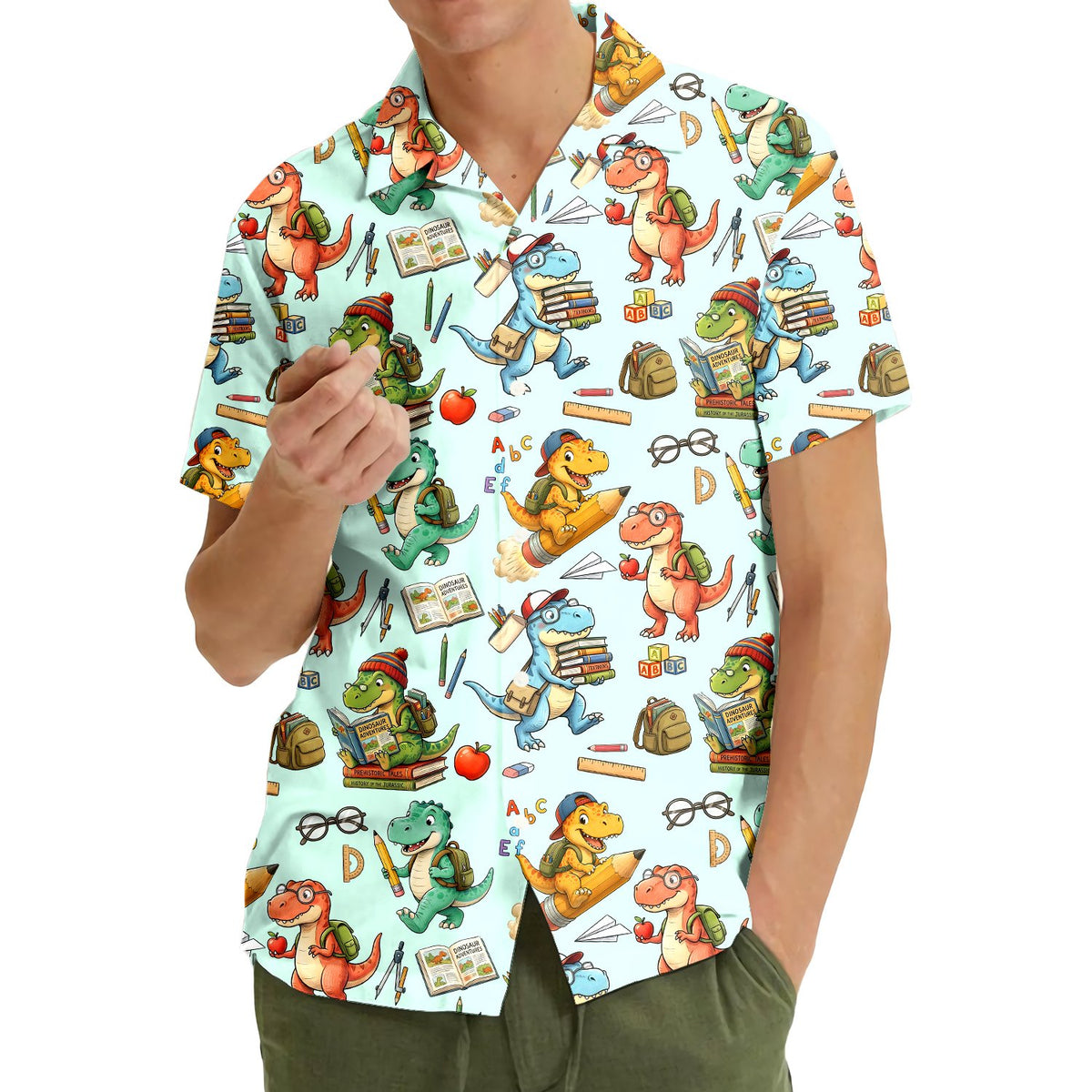 Another lifestyle view of the matching family hawaiian shirts with dinosaurs
