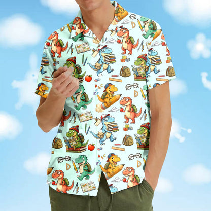 Group lifestyle shot featuring the back to school dinosaurs hawaiian shirts