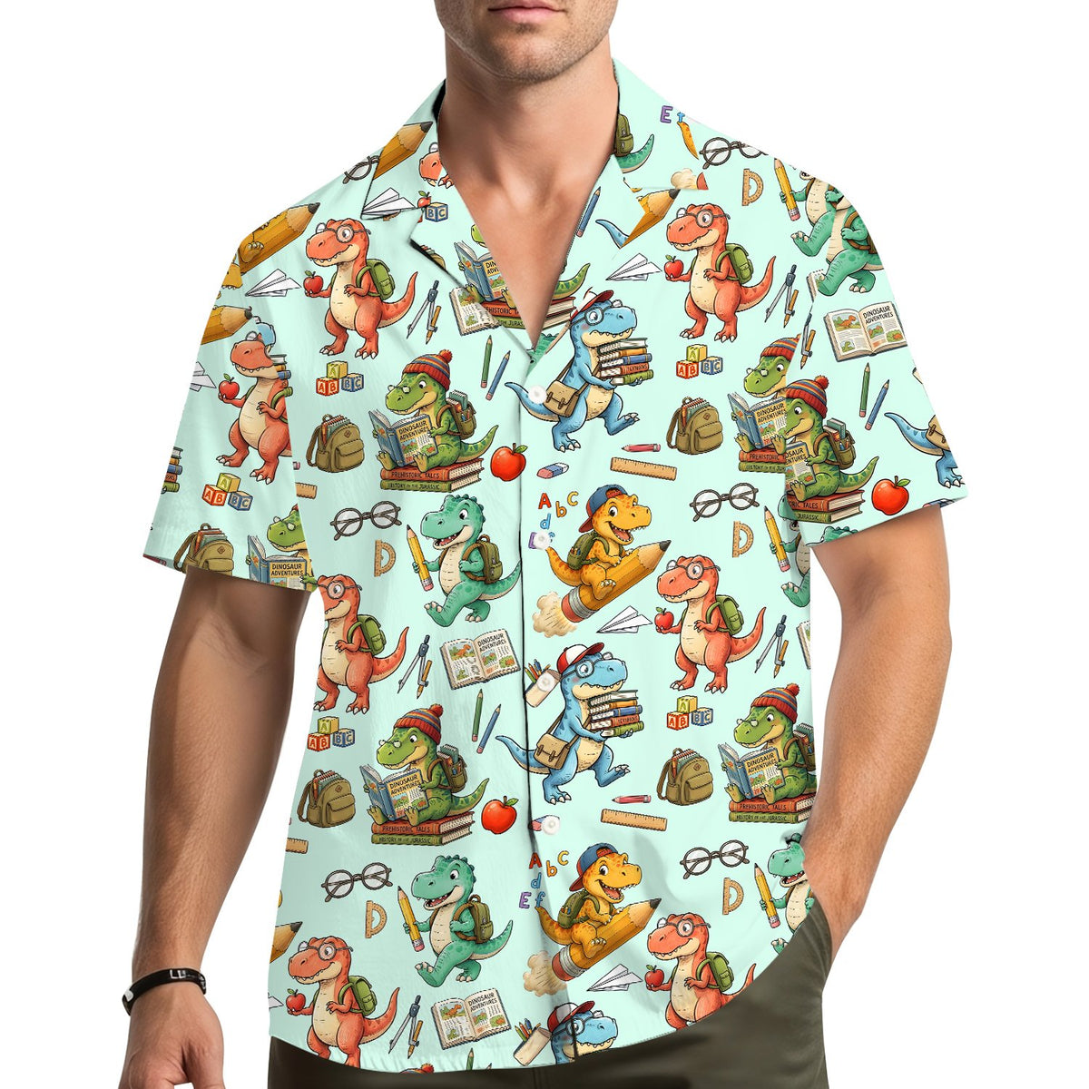 Lifestyle view of a family wearing the back to school dinosaurs matching shirts