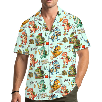 Lifestyle view of a family wearing the back to school dinosaurs matching shirts