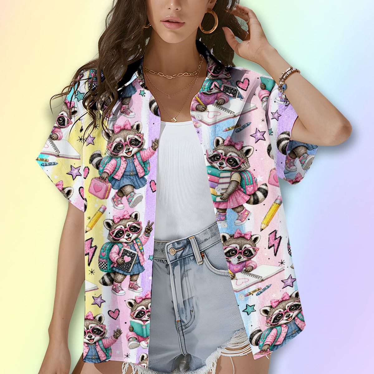 Matching family hawaiian shirt with cartoon raccoons, front view 2