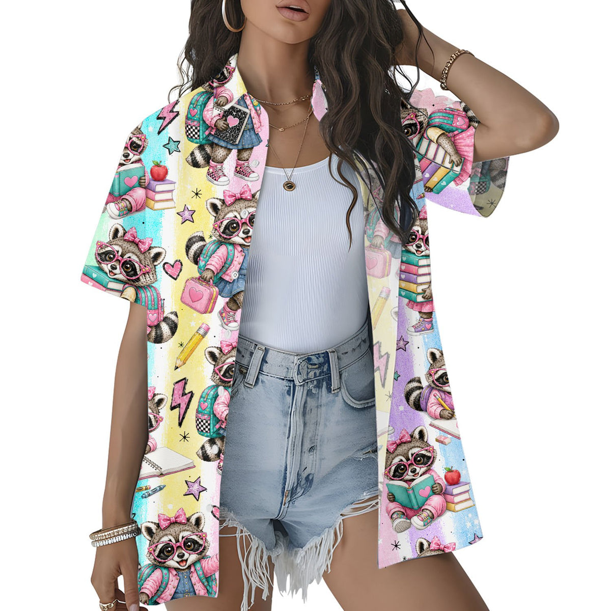 Matching family hawaiian shirt with cartoon raccoons, front view 3