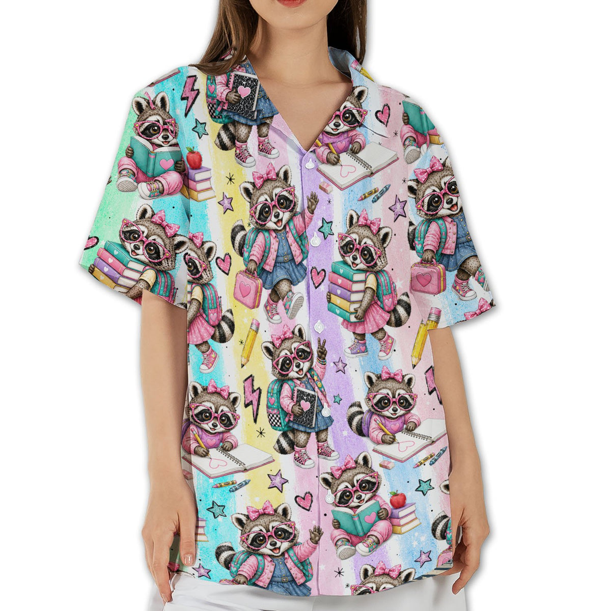 Matching family hawaiian shirt with cartoon raccoons, front view 6