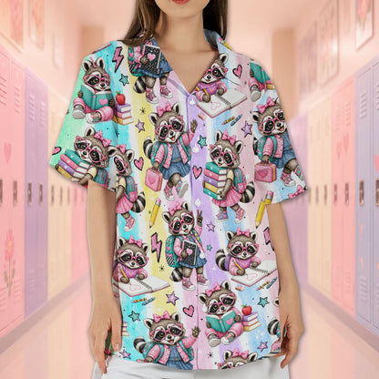Matching family hawaiian shirt with cartoon raccoons, front view 7