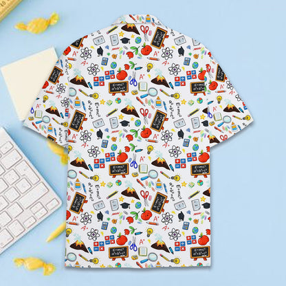 Back view of the school science hawaiian shirt featuring atoms and apples