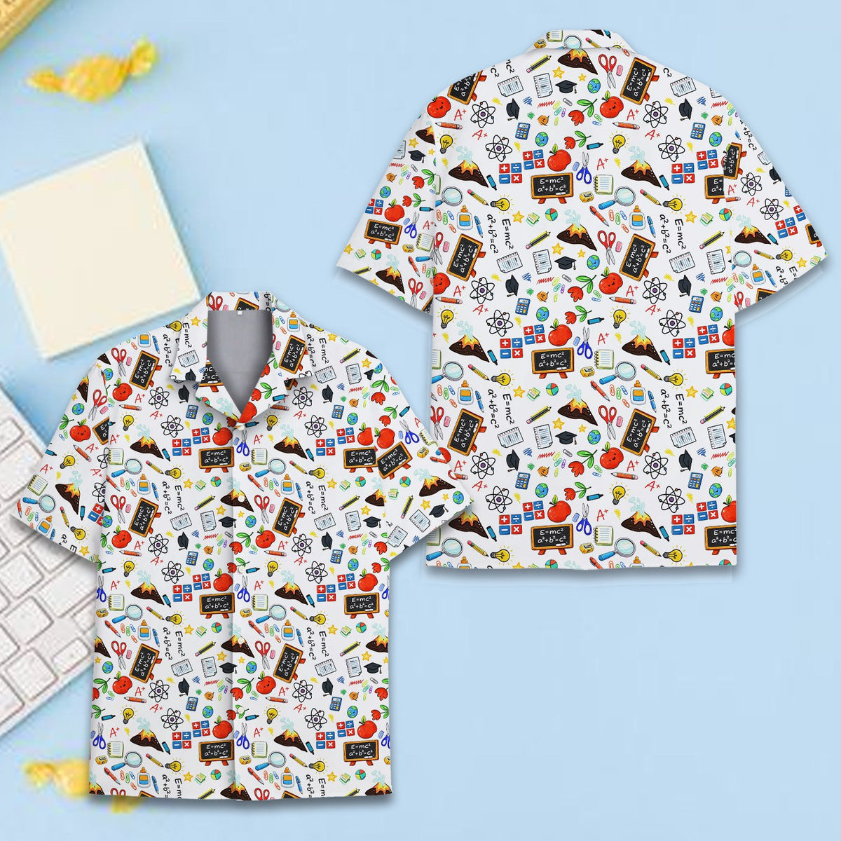 Alternate front view of the white school science hawaiian shirt