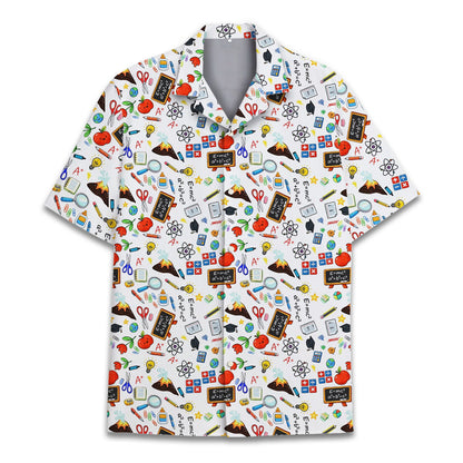 Front view of the matching family hawaiian shirt with science design