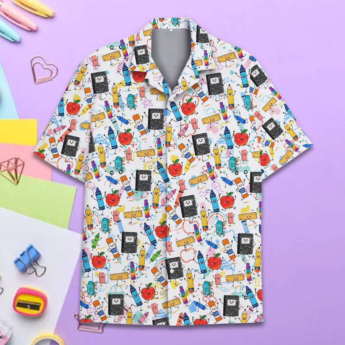 Back view of the school supplies hawaiian shirt showing the continuous print
