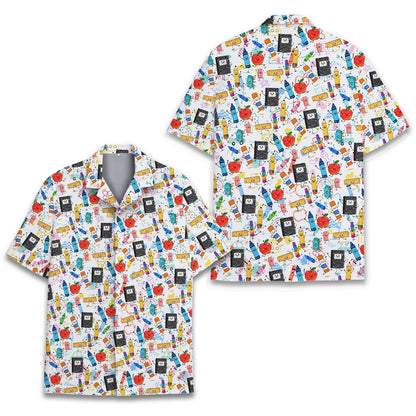 Close up of colorful school supplies print on a white hawaiian shirt