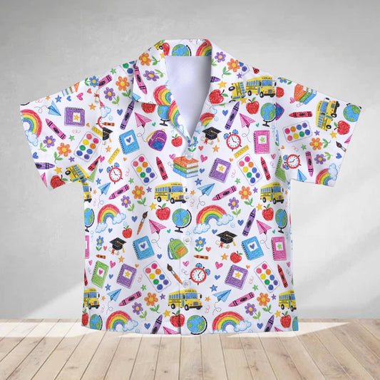 Kids' custom text hawaiian shirt in white with school pattern, front view