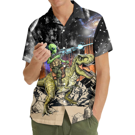 Matching family hawaiian shirts featuring a sci-fi alien riding a T-Rex, main view