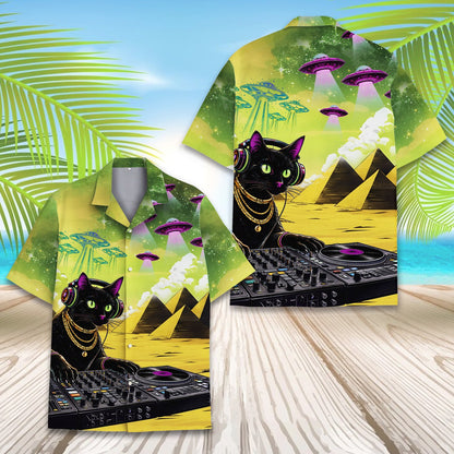 Additional front view of the surreal DJ cat Hawaiian shirt