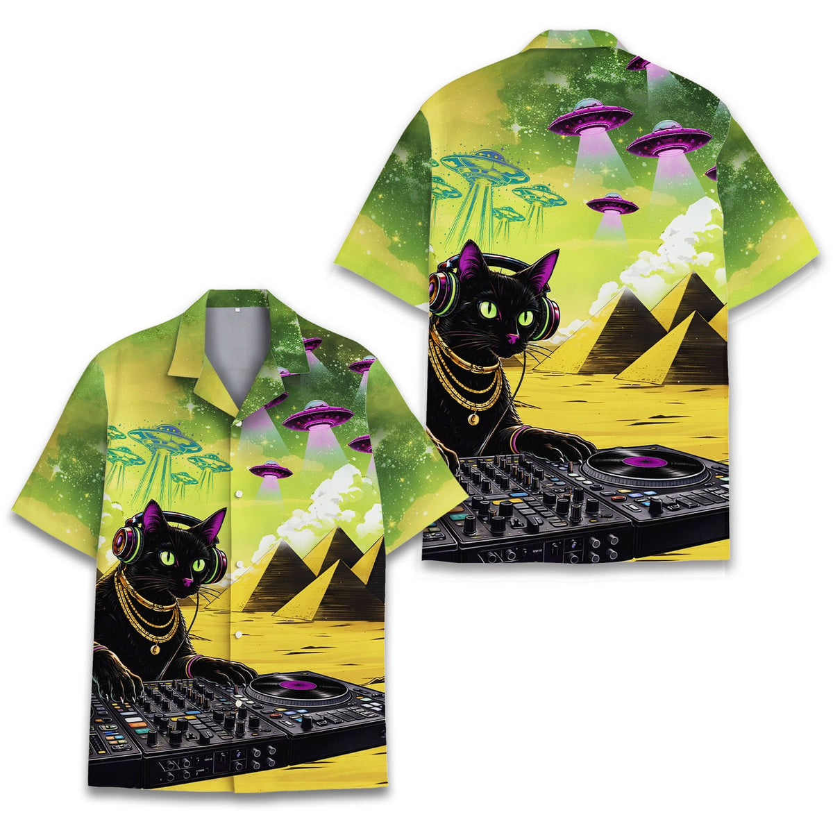Close-up front view of the sci-fi matching family Hawaiian shirt