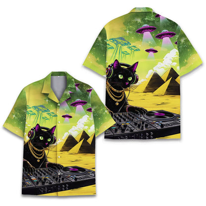 Close-up front view of the sci-fi matching family Hawaiian shirt