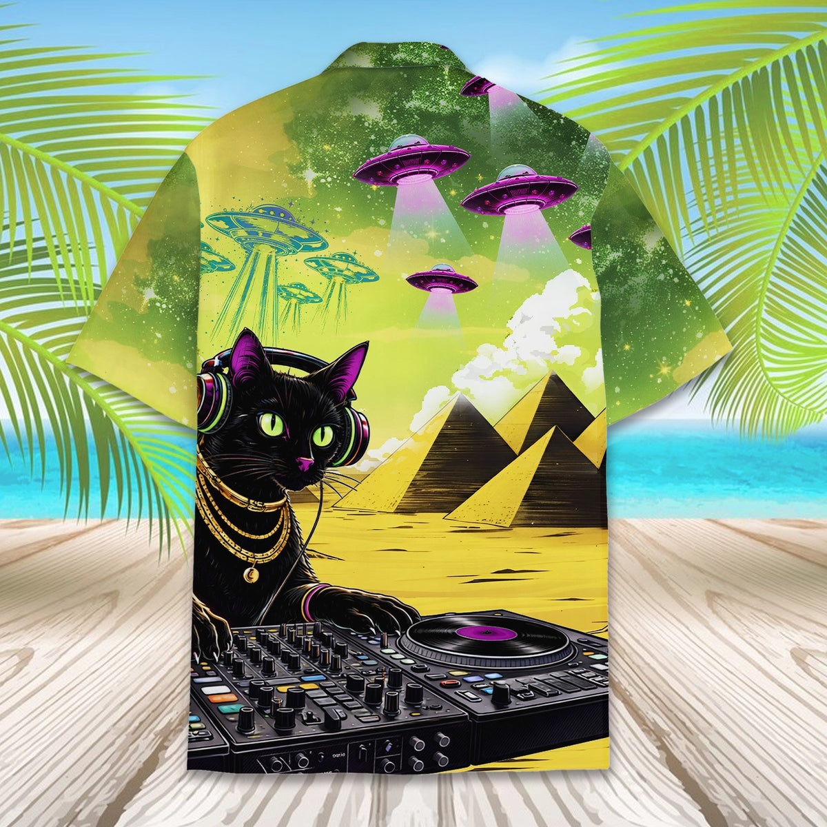 Back view of the surreal pyramids and UFO Hawaiian shirt
