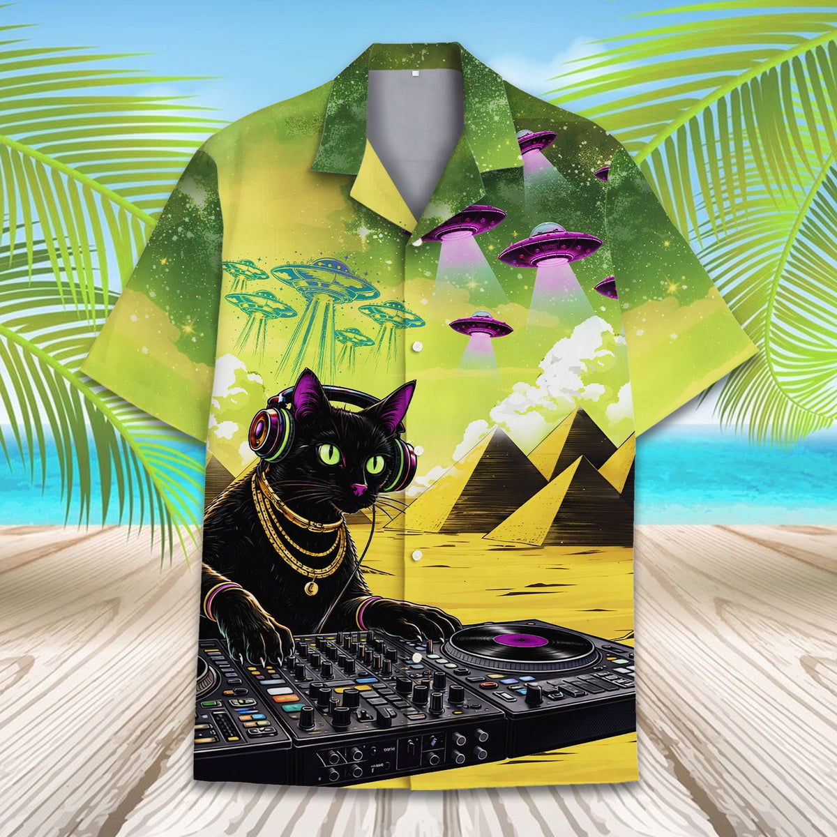 Front view of the abstract green Hawaiian shirt with UFOs and cat design