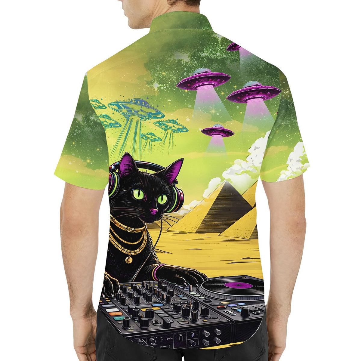 Second lifestyle view of the surreal abstract Hawaiian shirt