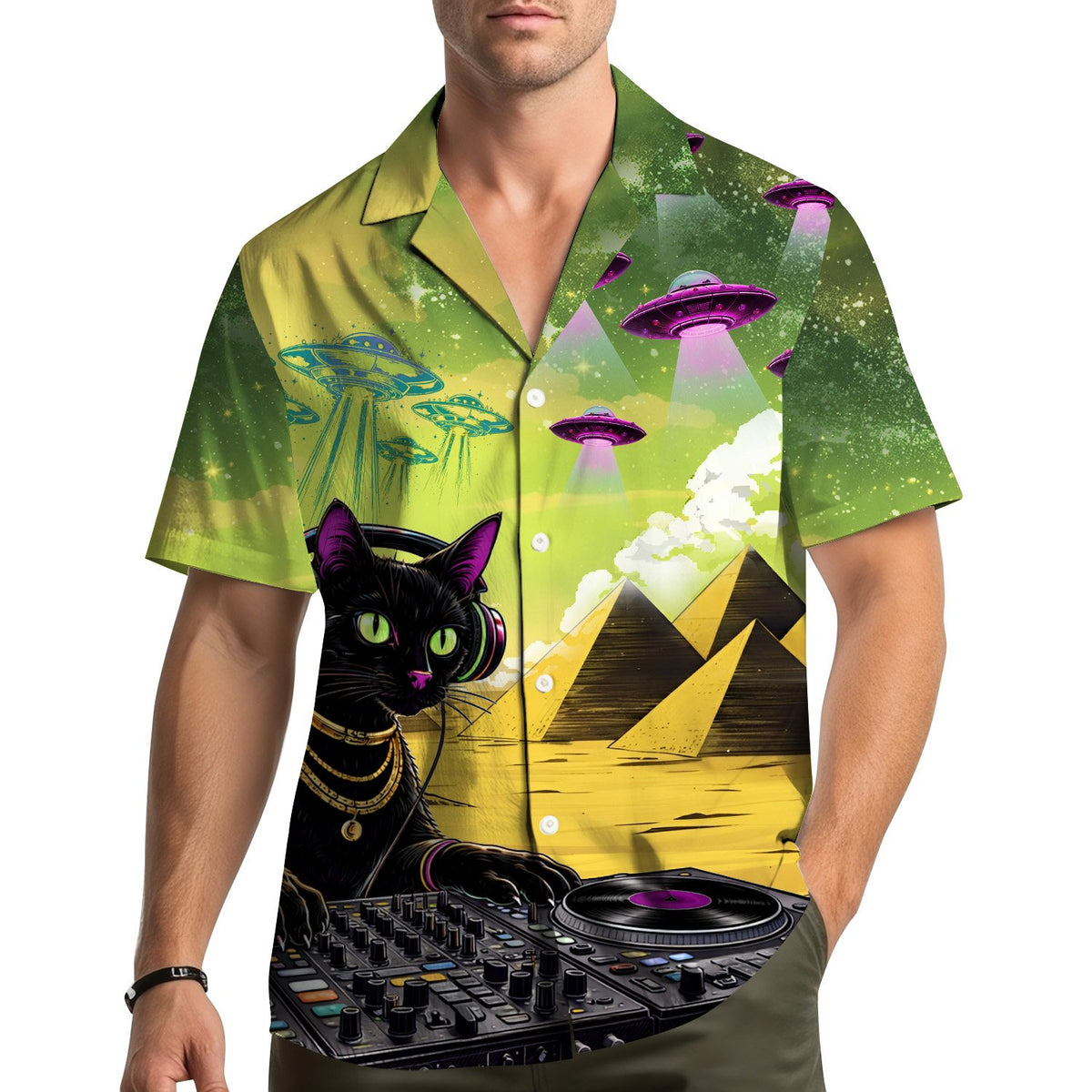 Lifestyle view of a person wearing the DJ cat sci-fi Hawaiian shirt