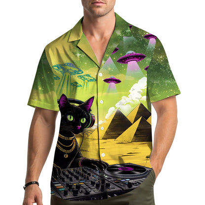Lifestyle view of a person wearing the DJ cat sci-fi Hawaiian shirt