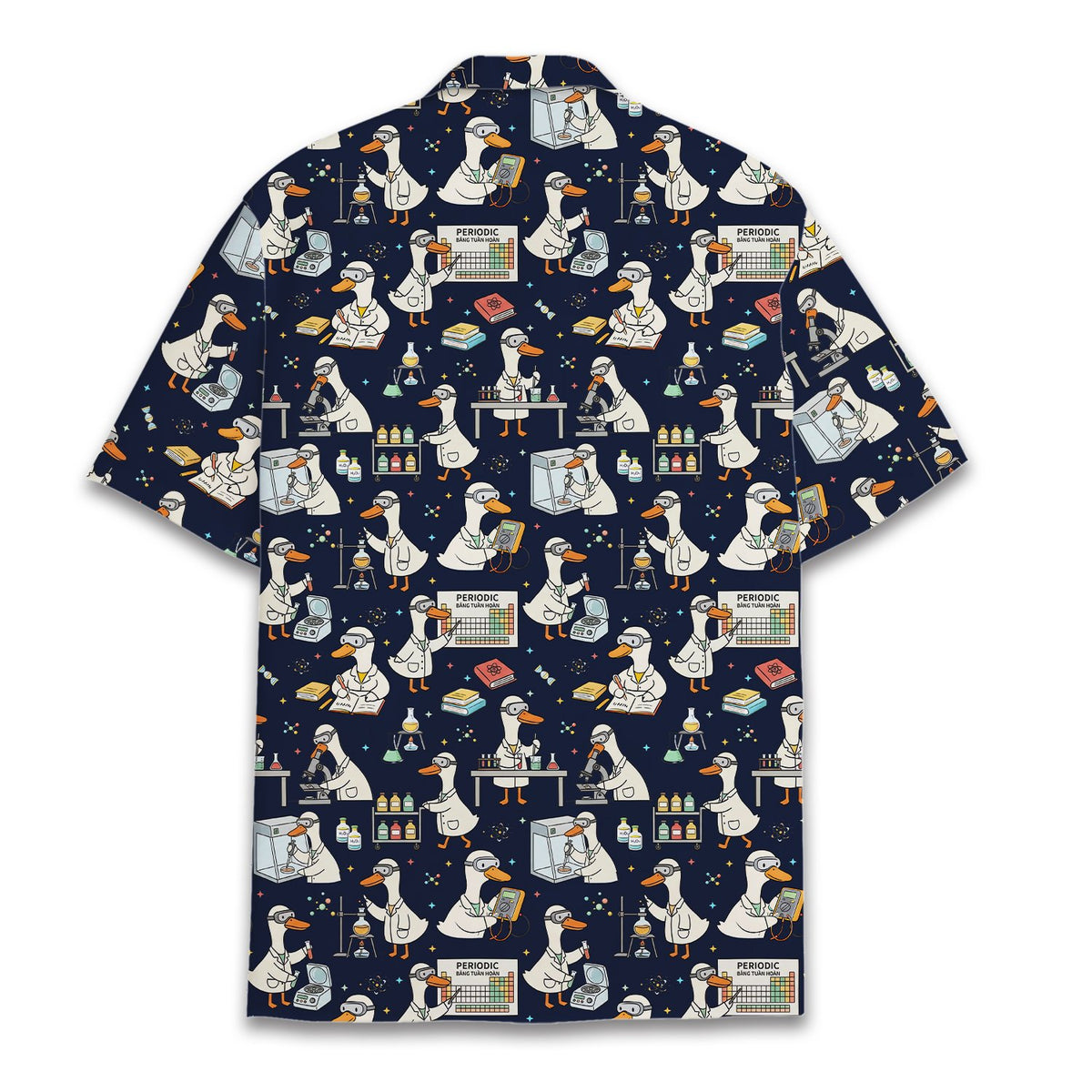 Back view of the matching family hawaiian shirt featuring lab ducks and science tools