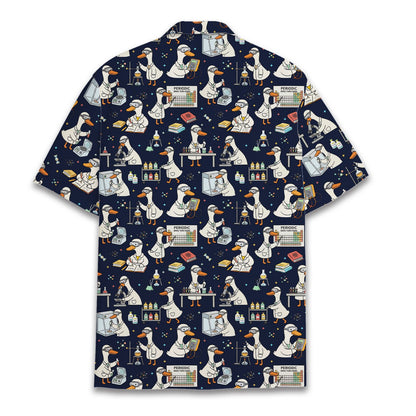 Back view of the matching family hawaiian shirt featuring lab ducks and science tools