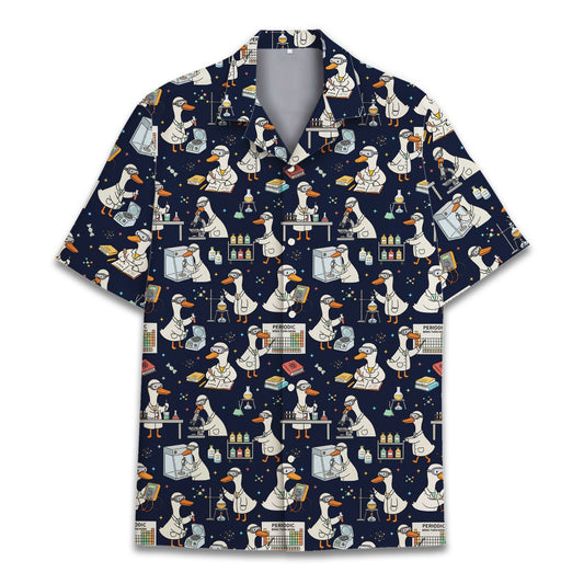 Front view of the navy science duck hawaiian shirt with cartoon ducks in lab coats