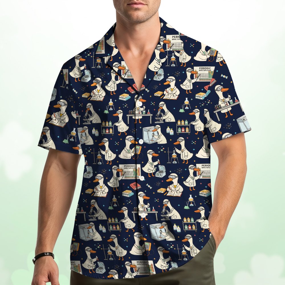 Second lifestyle view of the navy science duck hawaiian shirt in a casual setting