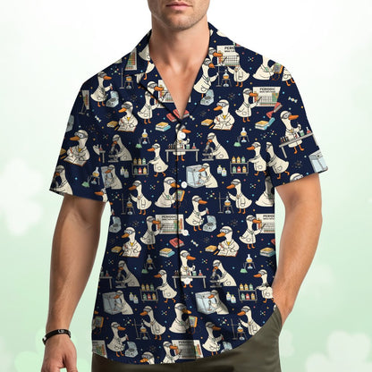 Second lifestyle view of the navy science duck hawaiian shirt in a casual setting