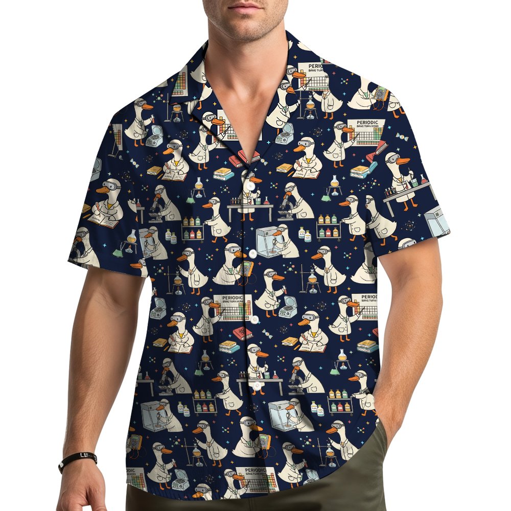 Lifestyle view showing a person wearing the science hawaiian shirt outdoors