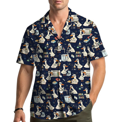 Lifestyle view showing a person wearing the science hawaiian shirt outdoors