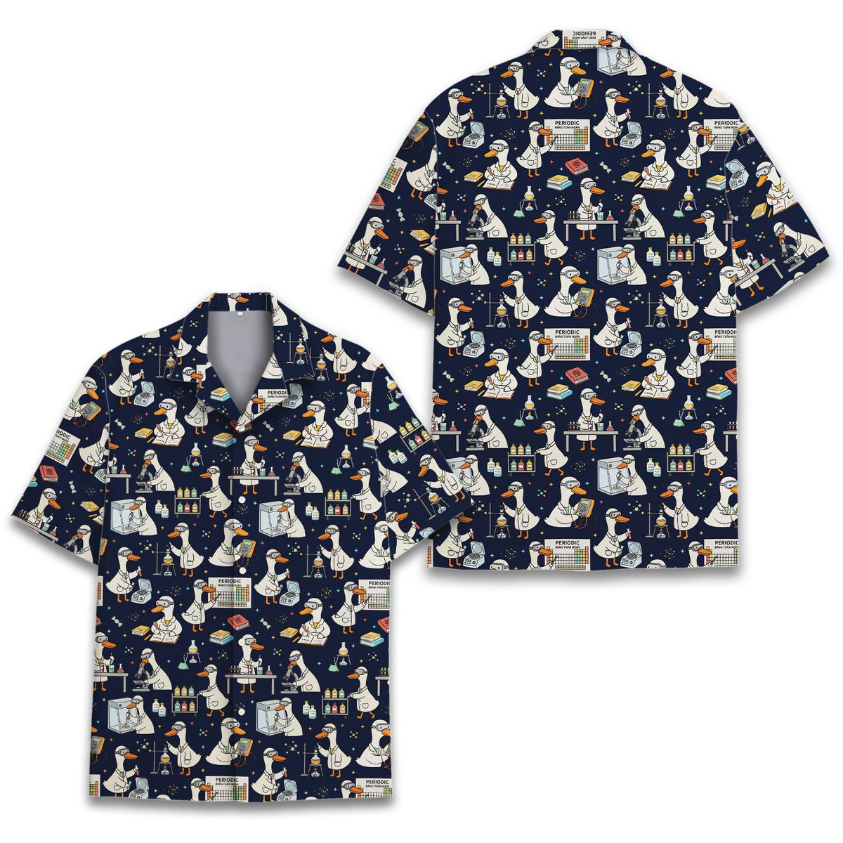 Close-up of the duck and periodic table print on the matching family hawaiian shirt