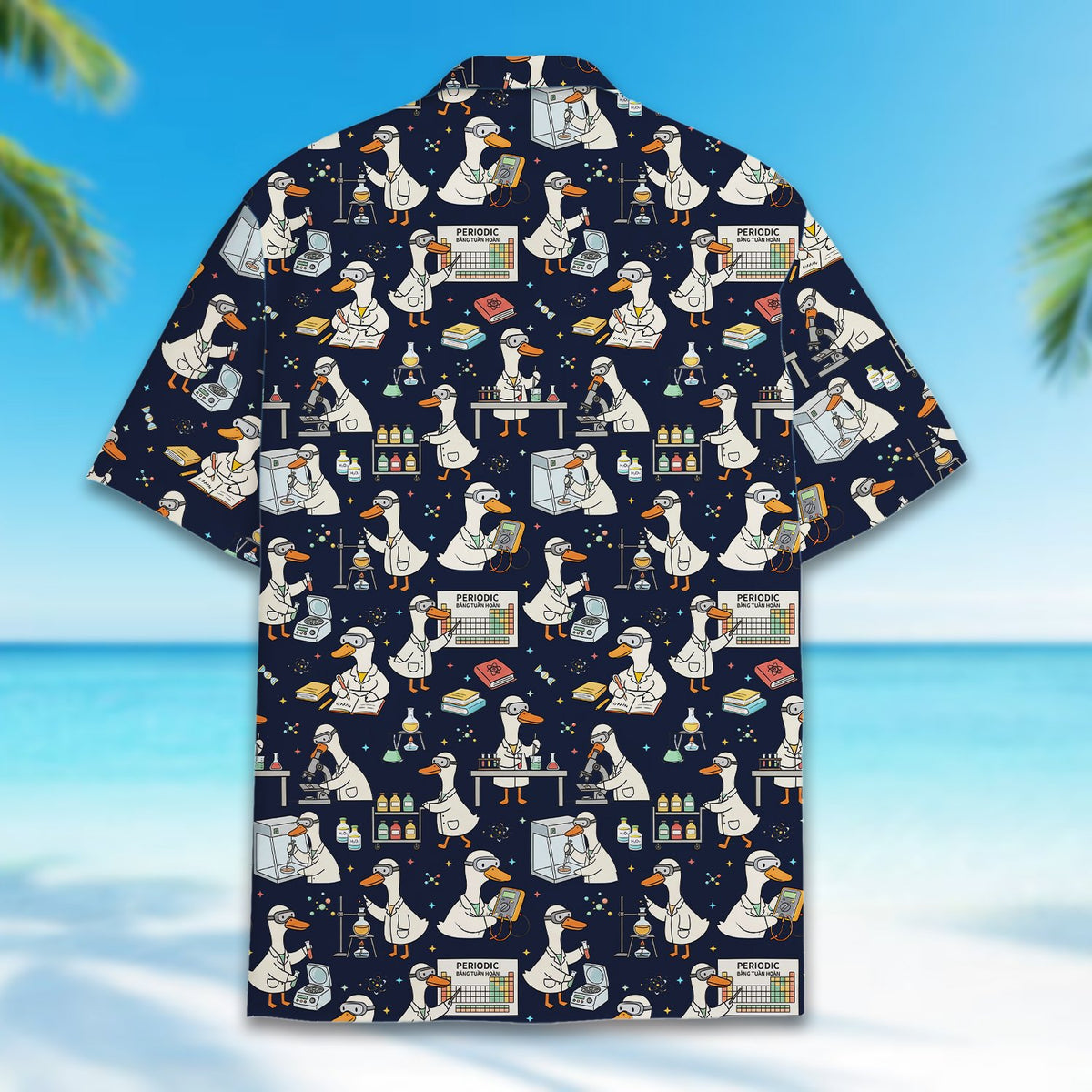 Detail shot of the button placket and collar on the science duck hawaiian shirt