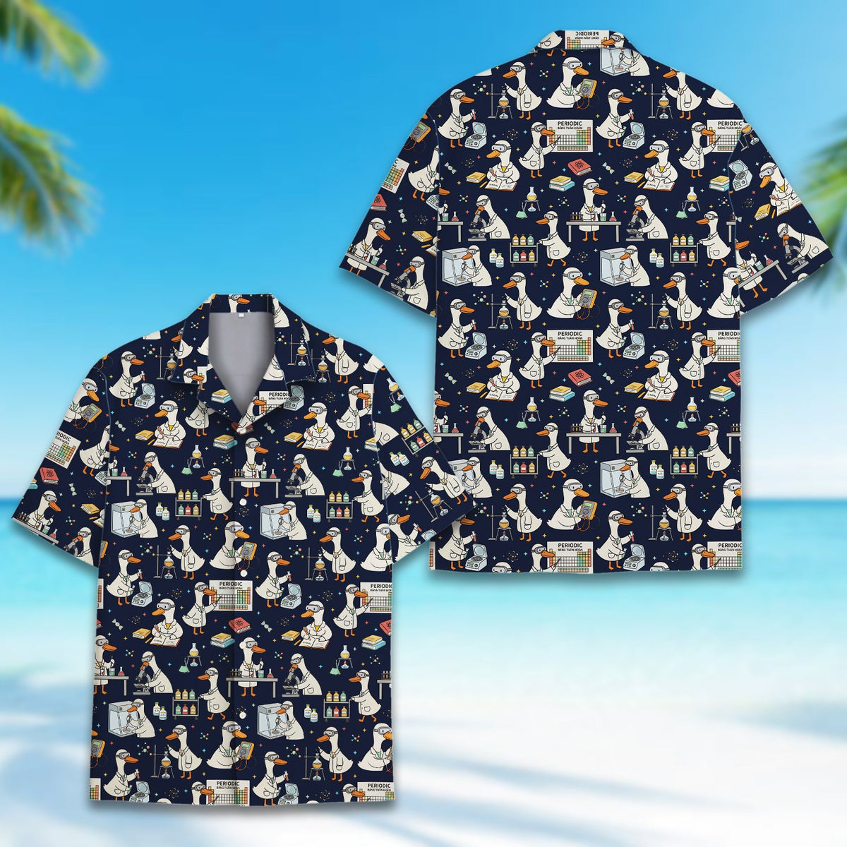 Detail view highlighting the beaker and microscope graphics on the hawaiian shirt